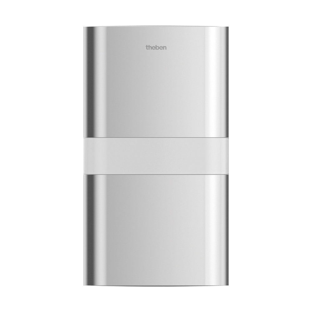 Moderne silberne LED-Wandleuchte mit rechteckigem Design auf hellem Hintergrund.