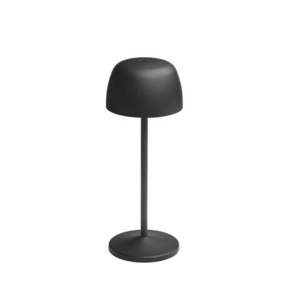Schwarze Akku-Tischlampe mit rundem Lampenschirm und schlankem Standfuß für flexible Beleuchtung