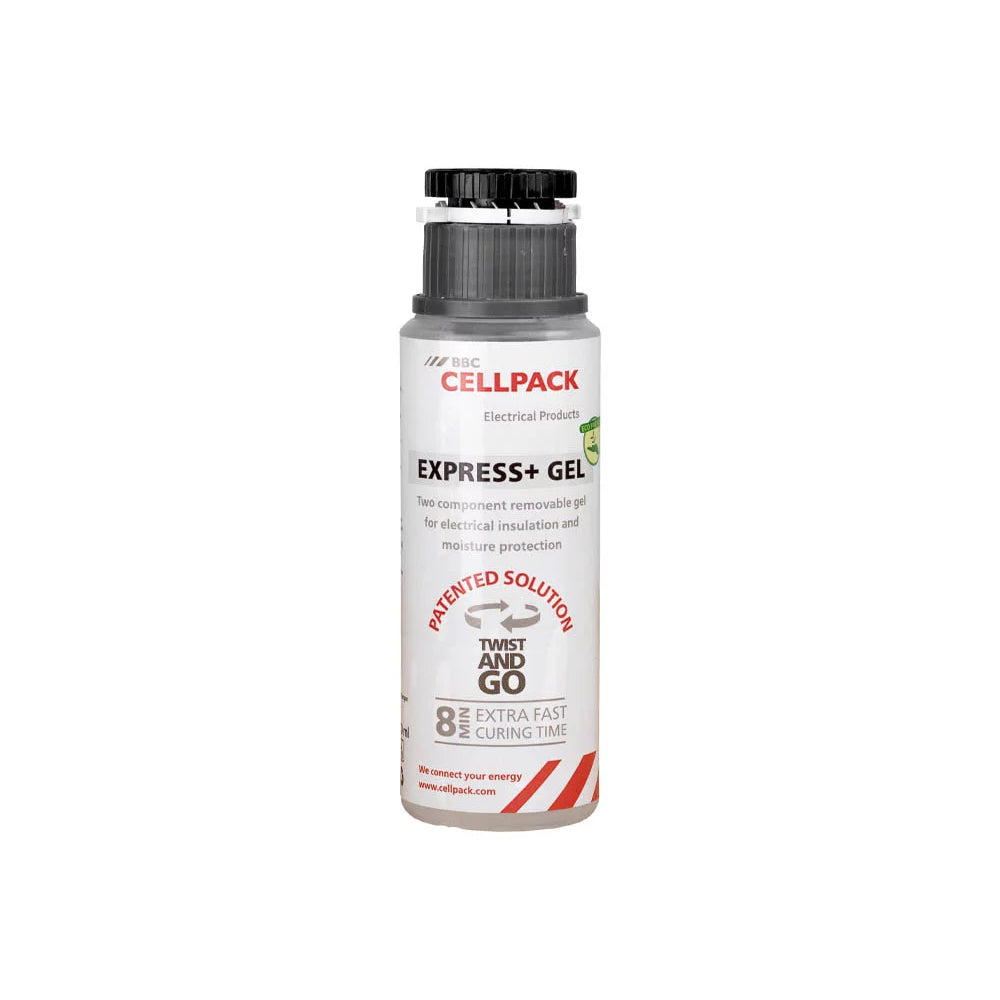 Produktbild auf weißem Hintergrund, welches eine transparente, zylinderförmige Mischflasche der Marke BBC Cellpack für EXPRESS+ GEL zeigt. Die Flasche hat einen mehrteiligen, grauen und schwarzen Schraubverschluss auf der Oberseite. Das Etikett ist weiß und trägt den Produktnamen sowie verschiedene Aufschriften wie „PATENTED SOLUTION“, „TWIST AND GO“ und den Hinweis „8 MIN EXTRA FAST CURING TIME“ mit rot-weißen Warnstreifen am unteren Rand.