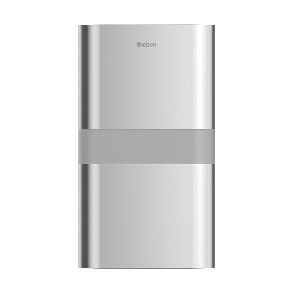Moderne silberne LED-Wandleuchte mit rechteckigem Design auf hellem Hintergrund.