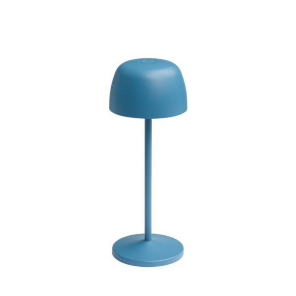 Blaue Akku-Tischlampe mit rundem Lampenschirm und schlankem Standfuß für flexible Beleuchtung