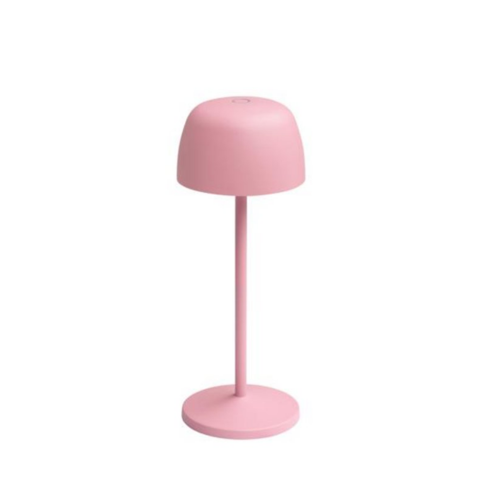 Rosane Akku-Tischlampe mit rundem Lampenschirm und schlankem Standfuß für flexible Beleuchtung