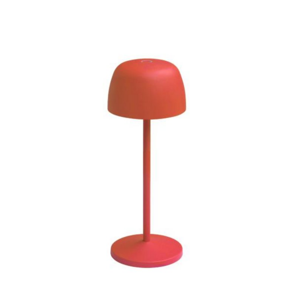 Rote Akku-Tischlampe mit rundem Lampenschirm und schlankem Standfuß für flexible Beleuchtung