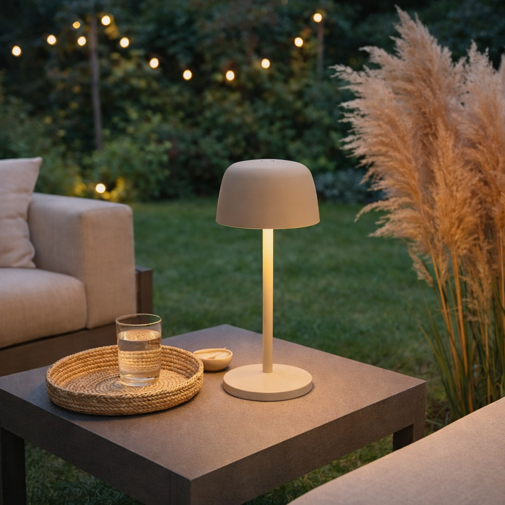 Gemütliche Gartenszene am Abend mit beleuchteter Tischlampe auf einem Tisch, daneben ein Glas Wasser und Lichterkette im Hintergrund.
