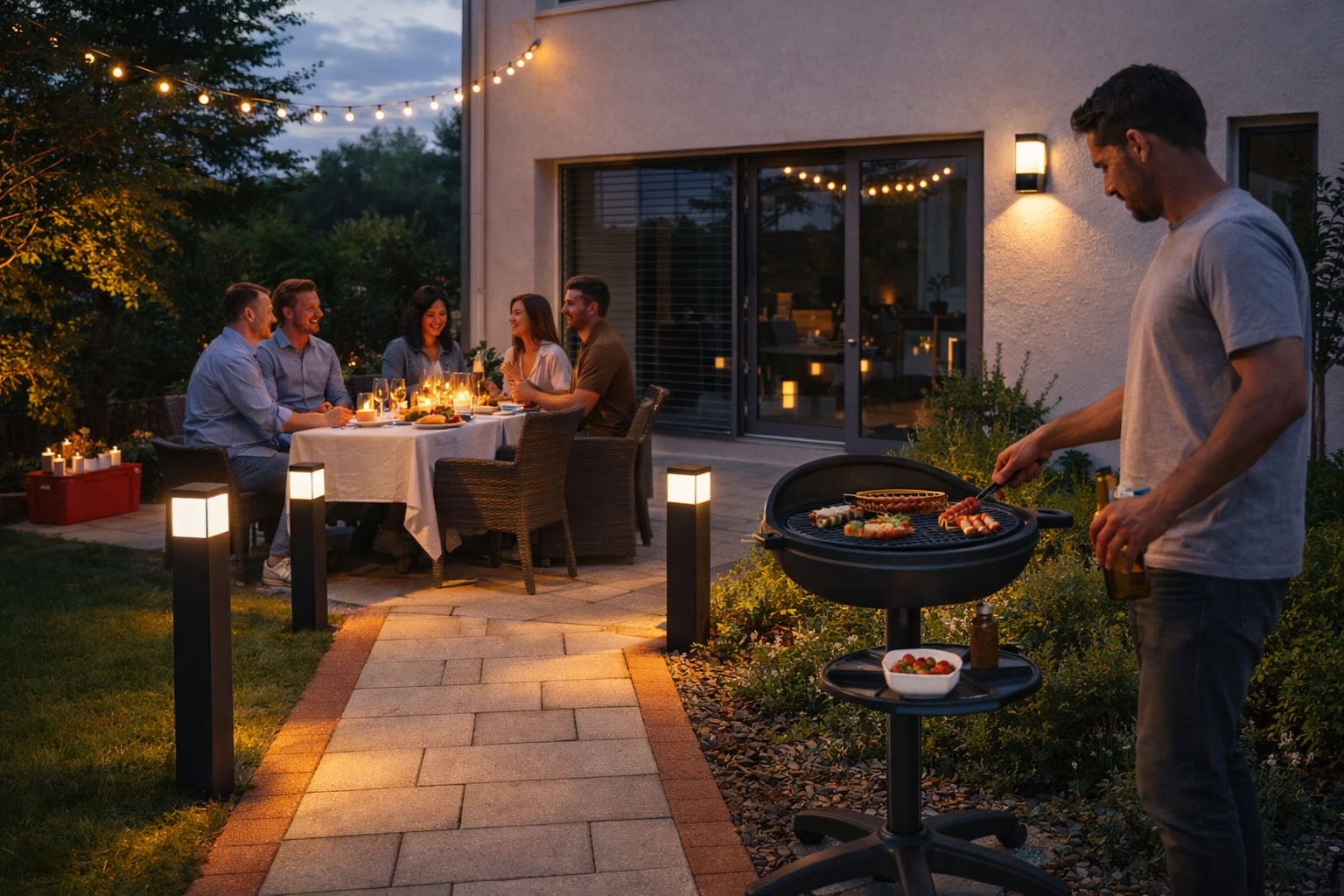 Gemütliche Gartenparty am Abend mit Freunden auf der Terrasse; ein Mann grillt am Elektro-Kugelgrill, moderne Wegeleuchten und eine Wandleuchte am Haus sorgen für warmes Licht.