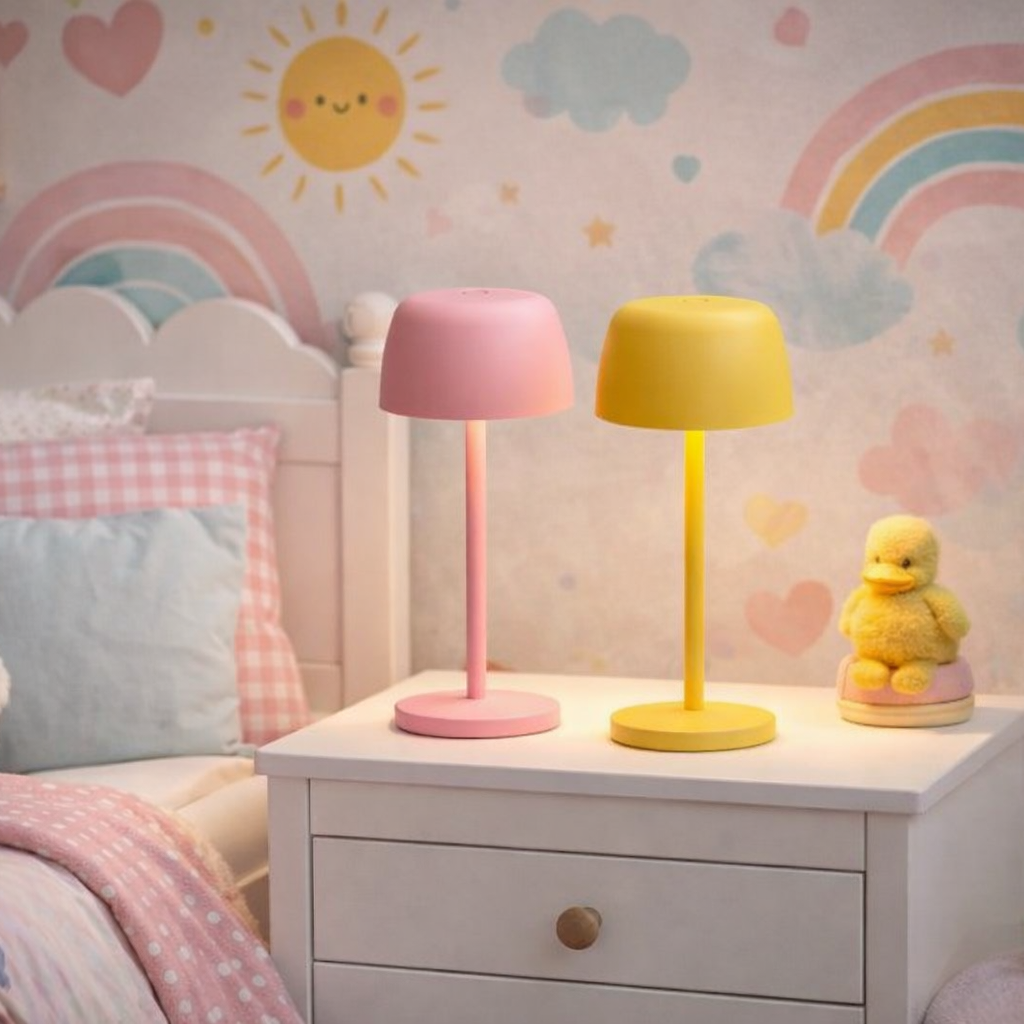 Kinderzimmer mit pastellfarbener Regenbogen-Tapete, Bett mit Teddybär und Nachttisch mit rosa und gelber  LED-Akkutischleuchte sowie einer kleinen Entenfigur.