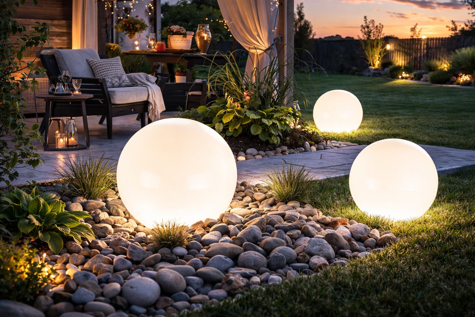 Drei leuchtende, weiße Kugellampen stehen in einem mit Kieseln gestalteten Gartenbereich vor einer gemütlich beleuchteten Terrasse mit Sitzmöbeln, Pflanzen und Lichterketten bei Sonnenuntergang.