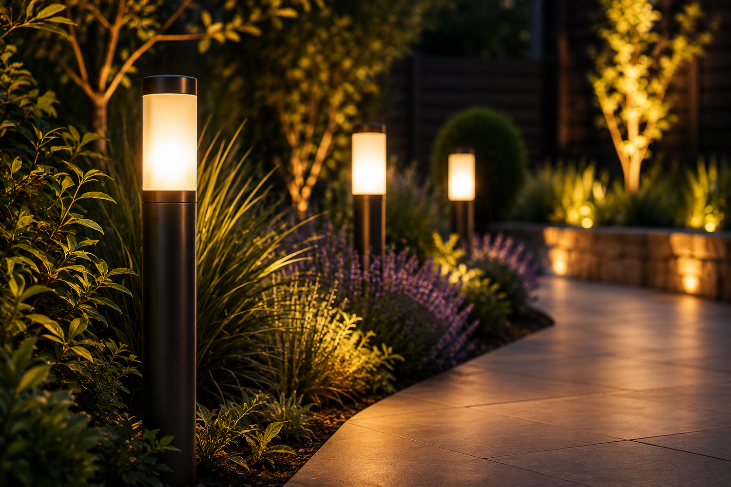 Moderner Gartenweg bei Nacht mit warm beleuchteten Pollerleuchten, umgeben von grünen Pflanzen und dekorativen Gräsern in stimmungsvoller Außenbeleuchtung.