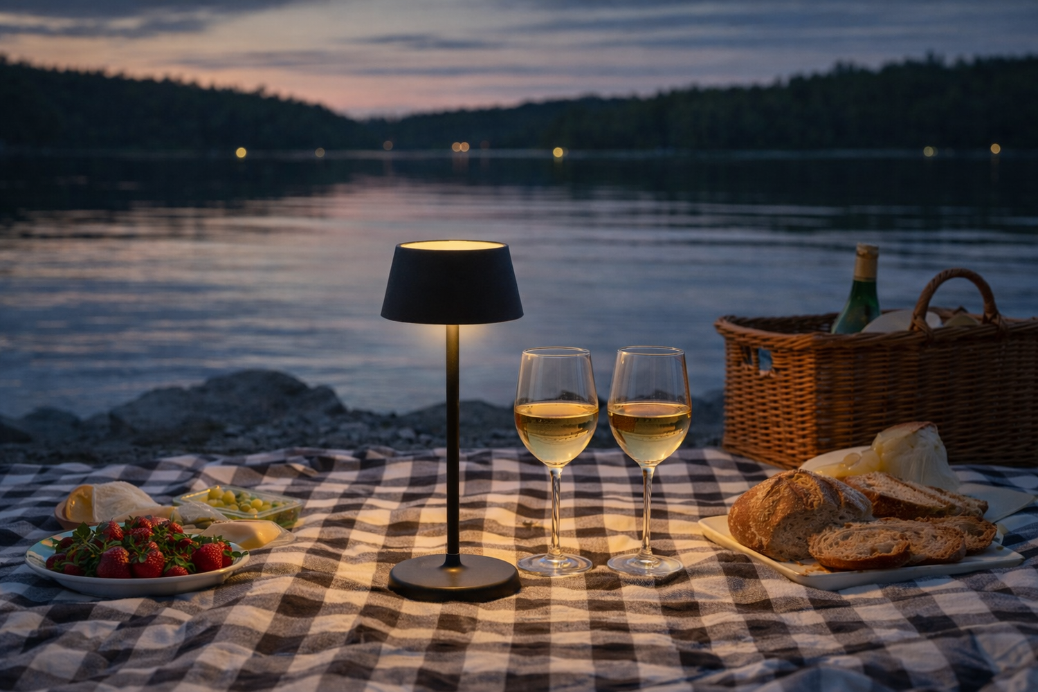 Schwarze Solartischleuchte mit flachem Schirm und schlankem Standfuß für Innen- und Außenbeleuchtung auf einer Picknickdecke vor einem See bei Dämmerung.