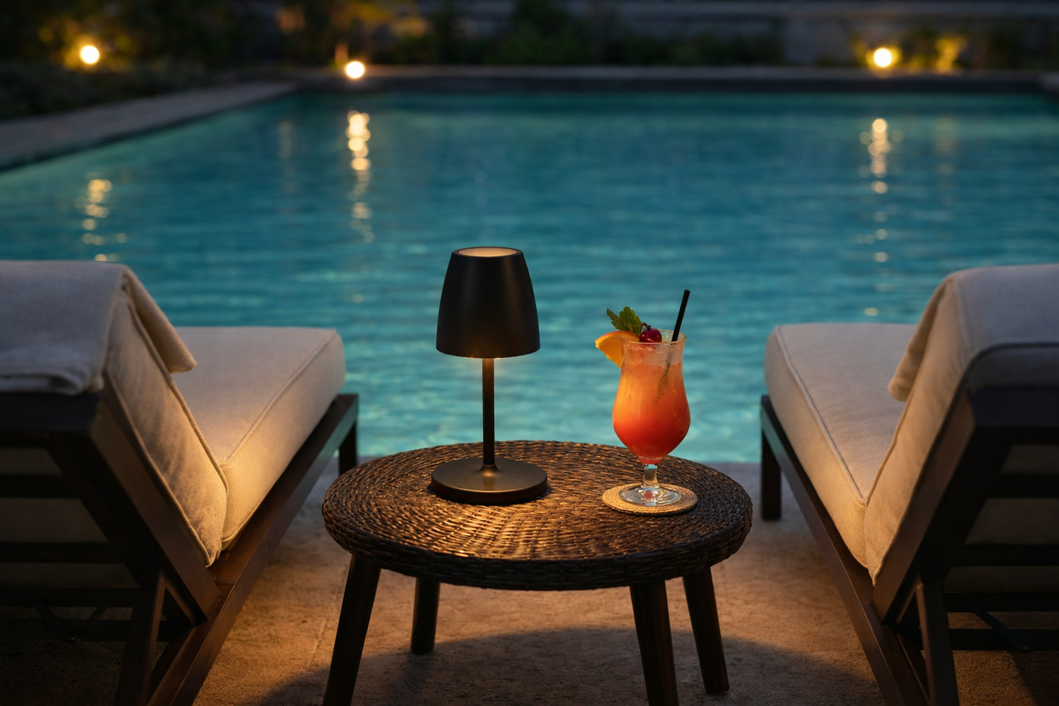 Eine schwarze Solarbetriebene LED-Tischleuchte für den Außenbereich auf einem Tisch vor einem Poolbereich bei Nacht.
