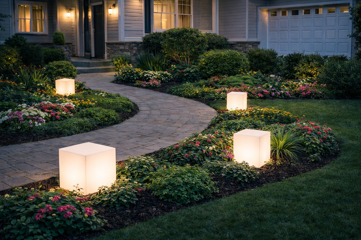 Geschwungener Gartenweg vor einem Wohnhaus, gesäumt von blühenden Beeten und leuchtenden Würfelleuchten bei Abenddämmerung.