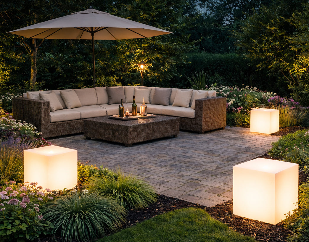 Stimmungsvoll beleuchtete Gartenterrasse am Abend mit Lounge-Sofa, Sonnenschirm und leuchtenden Würfelleuchten zwischen üppigen Blumenbeeten.