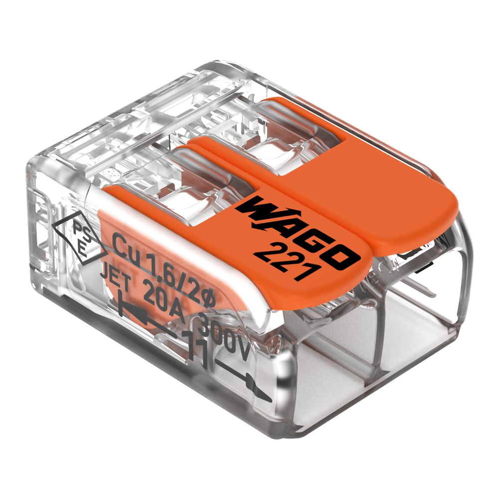 Eine 2-Leiter WAGO COMPACT Verbindungsklemme der Serie 221-412 auf weißem Hintergrund. Die Klemme hat ein transparentes Gehäuse, zwei geschlossene, orangefarbene Betätigungshebel mit schwarzem WAGO-221-Aufdruck und zwei quadratische Leitereinführungen auf der Vorderseite. Auf der linken Seite sind technische Spezifikationen aufgedruckt
