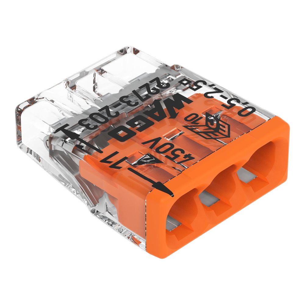 Eine dreipolige WAGO COMPACT Verbindungsklemme der Serie 2273-203 aus der Vogelperspektive auf weißem Hintergrund. Die Klemme hat ein transparentes Gehäuse und eine orangefarbene Leitereinführung mit drei runden Öffnungen für die PUSH WIRE® Stecktechnik. Auf der Oberseite sind technische Daten wie '450V', '0,5–2,5' und '11 mm' aufgedruckt