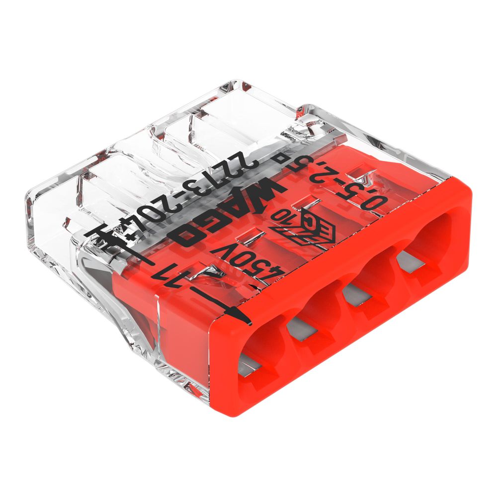 Eine vierpolige WAGO COMPACT Verbindungsklemme der Serie 2273-204 auf weißem Hintergrund. Die Klemme hat ein transparentes Gehäuse und eine rote Leitereinführung mit vier runden Öffnungen für die PUSH WIRE® Stecktechnik. Auf der Oberseite sind technische Daten wie '450V', '0,5–2,5' und '11 mm' aufgedruckt.