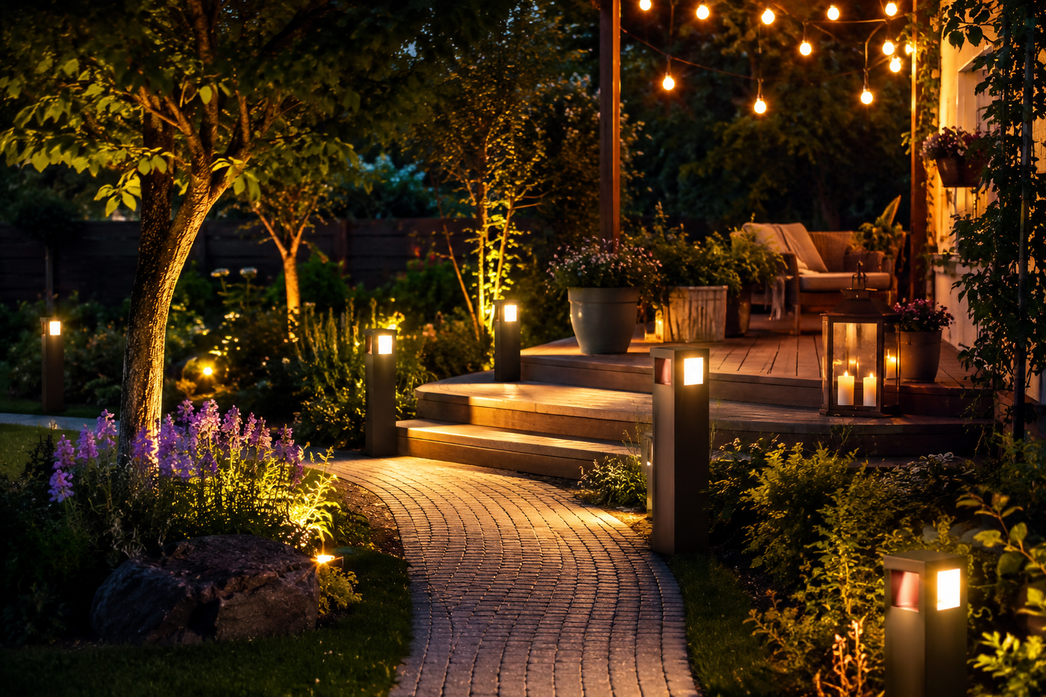 Gemütlich beleuchteter Garten mit geschwungenem Steinweg, modernen Wegeleuchten, warmen Lichterketten und üppiger Bepflanzung rund um eine einladende Terrasse bei Nacht.