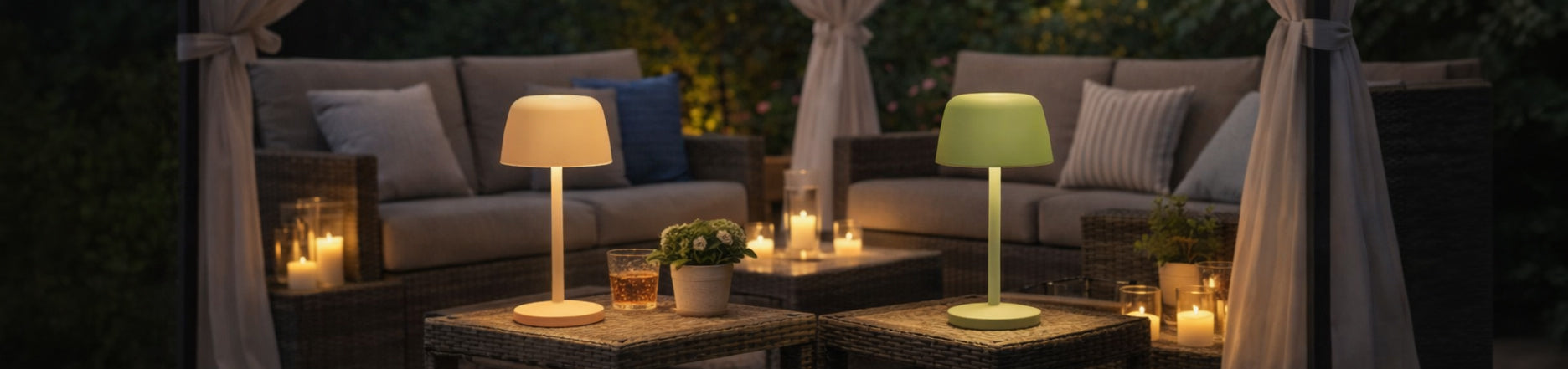 Zwei angeschaltete LED-Akkutischleuchten in einem Gartenpavillion am Abend