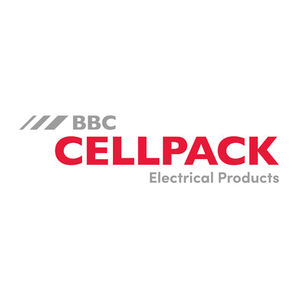 Logo von BBC Cellpack Electrical Products: Links drei graue, diagonal verlaufende Balken, daneben der graue Schriftzug „BBC“. Darunter und deutlich größer der rote Schriftzug „CELLPACK“. Rechts unten steht in Grau der Zusatz „Electrical Products“. in hellgrau.