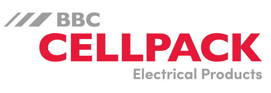 Logo von BBC Cellpack Electrical Products: Links drei graue, diagonal verlaufende Balken, daneben der graue Schriftzug „BBC“. Darunter und deutlich größer der rote Schriftzug „CELLPACK“. Rechts unten steht in Grau der Zusatz „Electrical Products“. in hellgrau.