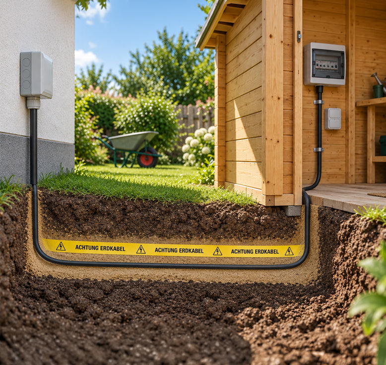 NYY-J Erdkabel im Erdreich zur Stromversorgung eines Gartenhauses mit gelbem Warnband „Achtung Erdkabel“.