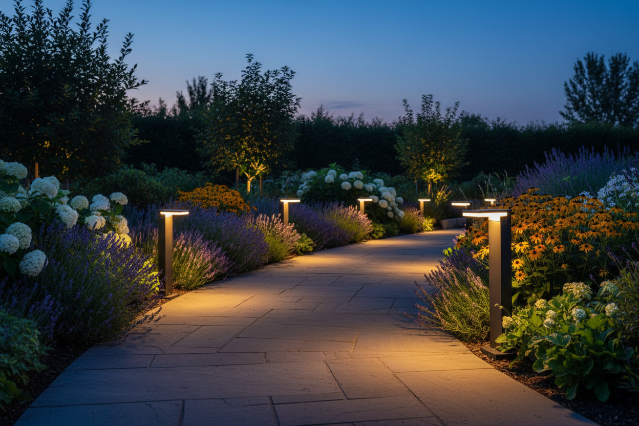 KI-generiertes Bild eines geschwungenen Gartenwegs mit modernen Leuchten, umgeben von blühenden Beeten in der Dämmerung.