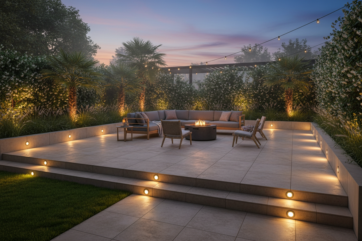 Gartenterrasse mit Pentola Bodeneinbauleuchten