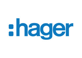 Blaues Hager-Logo mit kleingeschriebenem Schriftzug und zwei abgerundeten Quadraten auf weißem Hintergrund.