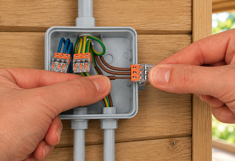 Hände verbinden elektrische Leitungen mit WAGO-Verbindungsklemmen in einer Abzweigdose im Gartenhaus