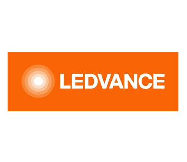LEDVANCE-Logo mit orangefarbenem Hintergrund, weißem Schriftzug ‚LEDVANCE‘ und stilisiertem kreisförmigem Lichtsymbol links