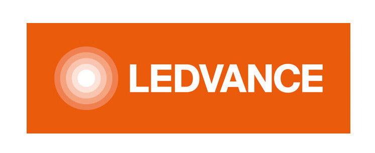 LEDVANCE-Logo mit orangefarbenem Hintergrund, weißem Schriftzug ‚LEDVANCE‘ und stilisiertem kreisförmigem Lichtsymbol links