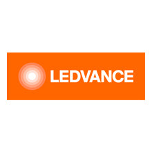 LEDVANCE-Logo mit orangefarbenem Hintergrund, weißem Schriftzug ‚LEDVANCE‘ und stilisiertem kreisförmigem Lichtsymbol links