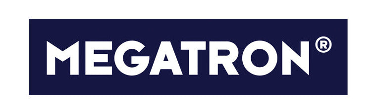 Weißes MEGATRON-Logo mit großgeschriebenem Schriftzug auf dunkelblauem, rechteckigem Hintergrund.
