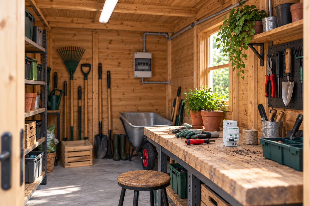 Elektrifiziertes Gartenhaus mit Werkbank, Gartengeräten, Beleuchtung, Kleinverteiler und FI/LS-Schalter