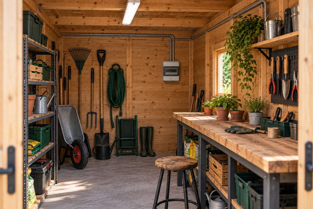 Elektrifiziertes Gartenhaus mit Werkbank, Gartengeräten, Beleuchtung und Kleinverteiler an der Rückwand