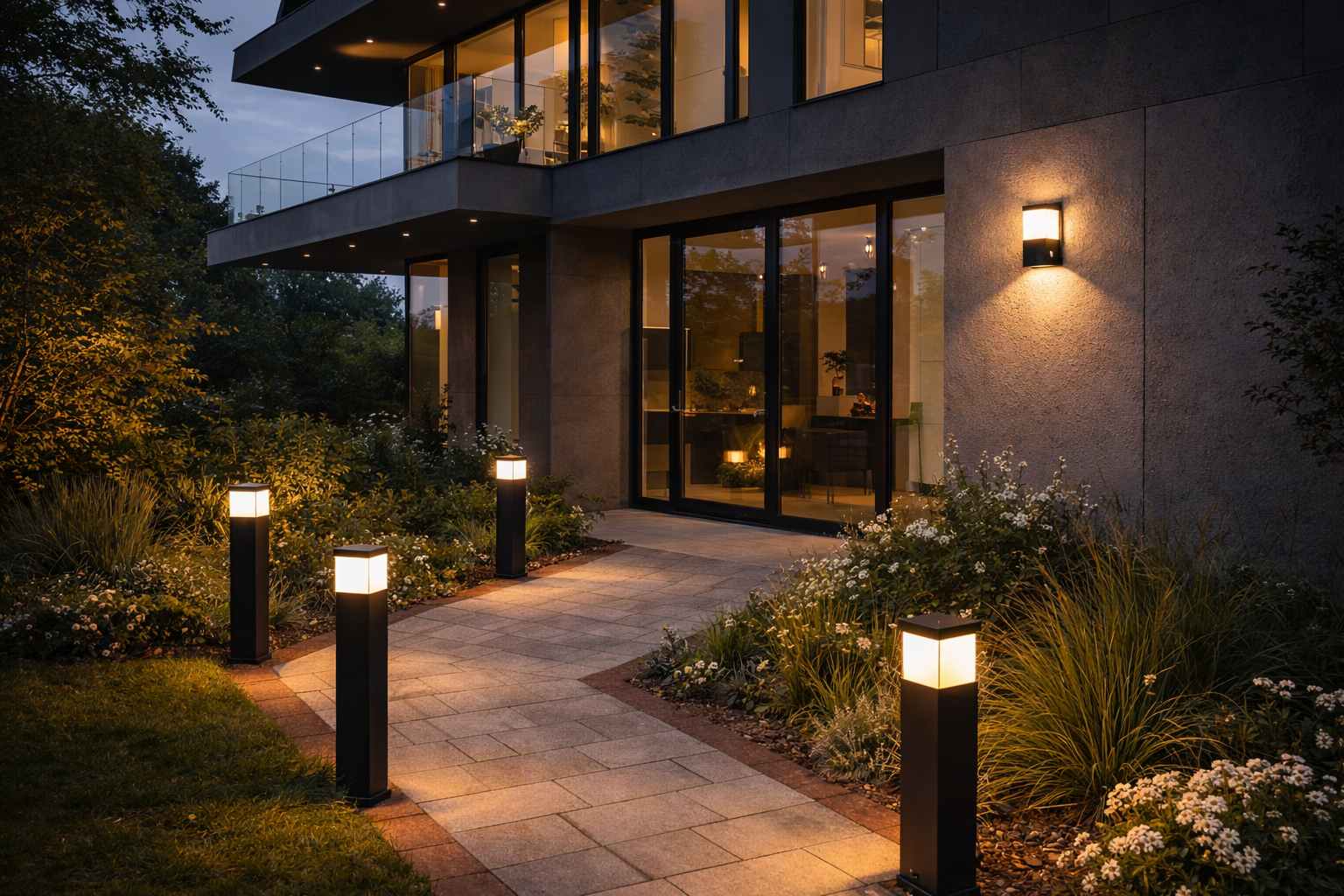 Moderner Designgarten bei Abenddämmerung mit beleuchtetem Weg, stilvollen Wegeleuchten und einer Wandleuchte an einem architektonisch anspruchsvollen Wohnhaus mit großer Glasfassade.