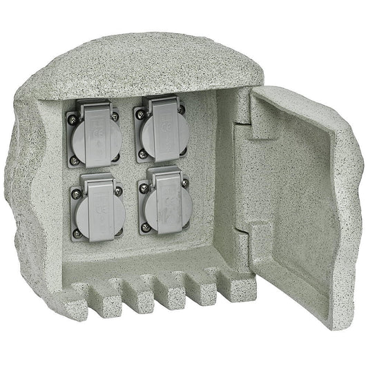 EVN Energieverteiler 4-fach in Steinoptik aus Polyresin, IP44 wetterfest, 3600W, 5m Kabel mit Schutzkontaktstecker, 250x255x240mm für Außenbereich