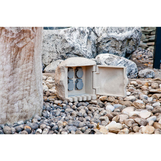EVN Energieverteiler 4-fach in Steinoptik aus Polyresin, IP44 wetterfest, 3600W, 5m Kabel mit Schutzkontaktstecker, 250x255x240mm für Außenbereich