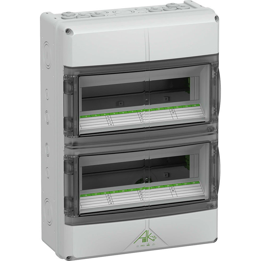 Spelsberg Kleinverteiler AK 28 in grau, 2-reihig mit 28 Teilungseinheiten, IP65 wetterfest, UV-beständig, VDE-geprüft, mit Belüftungselementen für Außenbereich